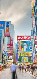 Tokyo cityscape with neon lights and busy street scene in vibrant colors.