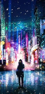 Neon cityscape with rain and reflections, featuring vibrant colors and urban ambiance.