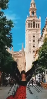 Dancer in urban street framed by historic city architecture.