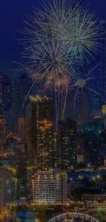 City skyline with vibrant fireworks lighting up the night sky.