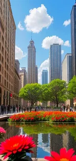 Vibrant cityscape with colorful flowers under a clear blue sky.