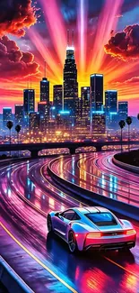 Futuristic car under vibrant cityscape at sunset with neon lights.