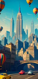 City skyline with colorful hot air balloons floating in a clear blue sky.