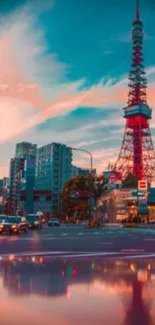 Vibrant cityscape featuring a colorful tower at sunset.