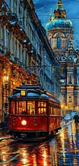 Vibrant cityscape with a red tram at night.