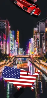 Vibrant cityscape with USA map and sleek car on a neon-lit night.