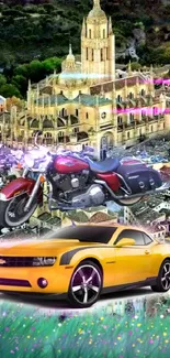 Cityscape wallpaper with motorcycle and car.