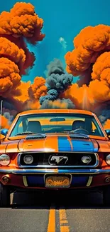 Vibrant wallpaper of a classic car with orange smoke background.