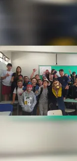 Joyful group of students in a classroom gathering.