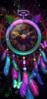 Colorful clock wallpaper with feathers and vibrant design.