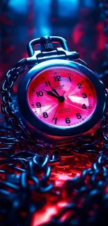 Vibrant red glowing clock with chains on a smartphone wallpaper.