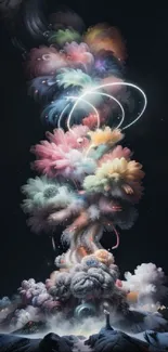 Vibrant cloud explosion art on mobile wallpaper with dark background.