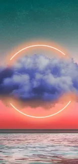 Vibrant neon circle surrounds a cloud over a serene ocean at sunset.