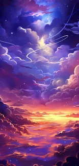 Vibrant sunset cloudscape in shades of purple, blue, and orange.