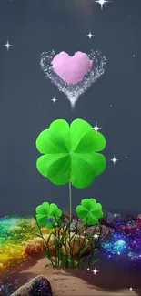 Green clover with a heart on a starry, colorful background.