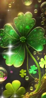 Vibrant green clover leaf with glowing details on a mobile wallpaper.