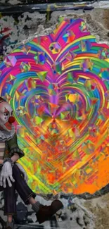 Colorful graffiti heart with clown art on wall.