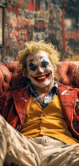 Vibrant clown sitting on a red couch.