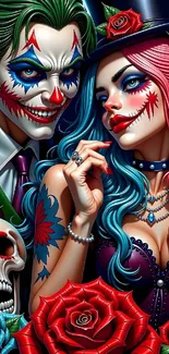 Vibrant clown-inspired wallpaper with roses and skull.