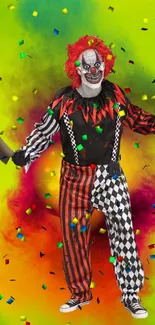 A creepy clown in colorful attire on a vibrant neon yellow background.