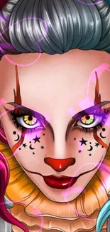 Vibrant clown face with bright colors and artistic design.