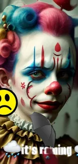 Clown face with vibrant makeup and whimsical expression on wallpaper.