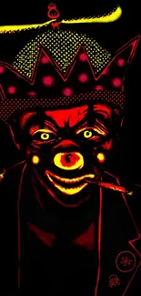 Vibrant neon clown art with striking colors on a dark background.