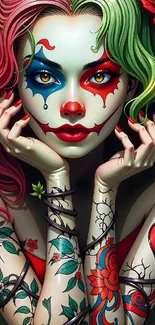 Colorful artistic clown with vibrant patterns.