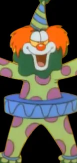 Cartoon clown in colorful outfit on black background.