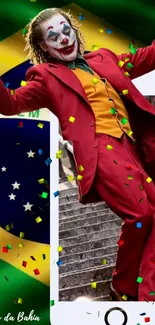 Colorful clown with confetti on Brazilian flag background.