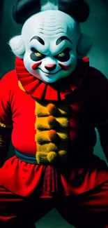 Vibrant clown character in a colorful red costume on a dynamic mobile wallpaper.