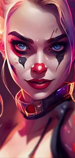 Artistic wallpaper featuring colorful clown face with vibrant accents.