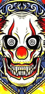 Vibrant clown face design with bold colors.