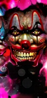 Vibrant clown faces wallpaper with neon colors and artistic design.