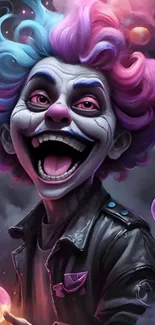 A vibrant fantasy clown with colorful hair and a playful expression.