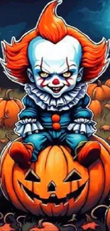 Creepy clown on a pumpkin with Halloween background, perfect for mobile wallpaper.