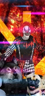 Vivid clown and animals in fiery background wallpaper.