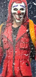 Clown in red jacket under rain with vibrant colors.