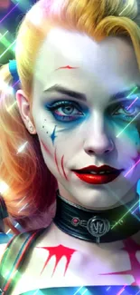 A vibrant clown-inspired character with colorful hair and dramatic makeup on a mobile wallpaper.