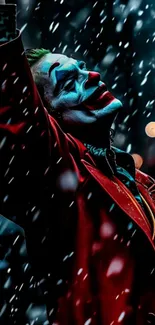 Joker figure in the snow with vibrant colors and dramatic lighting.