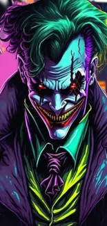 Vibrant neon clown villain with intense expression in digital art style.