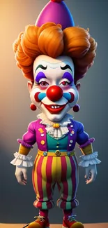 Colorful, vibrant clown standing in a spotlight.