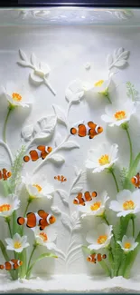 Clownfish swimming among white flowers in an artistic wallpaper design.