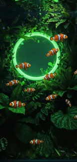 Clownfish swimming in bright green aquatic setting with lush foliage.