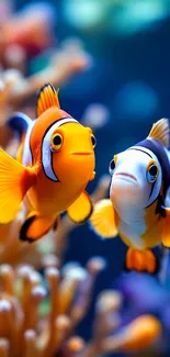 Colorful clownfish swimming in a coral reef.