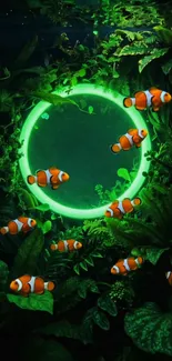 Clownfish swim around a neon green circle in lush aquatic plants.