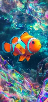 A vibrant clownfish in a colorful underwater scene with corals.