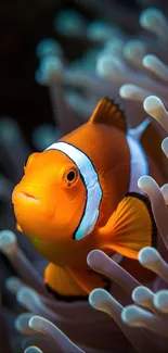 Clownfish swimming among sea anemones in a vibrant underwater scene.