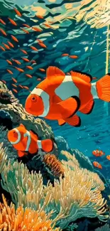 Colorful underwater scene with clownfish and coral reefs.