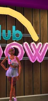 Colorful animated club scene with neon sign.